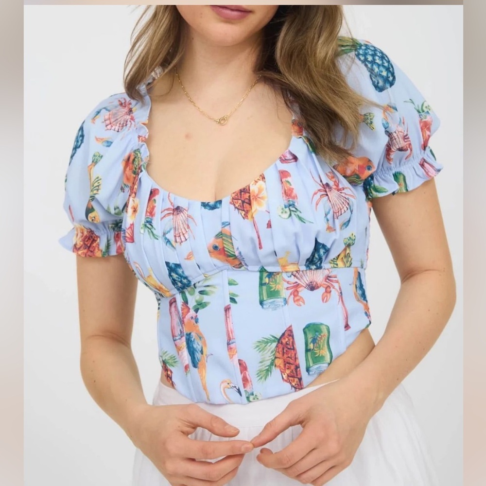 NWT Blu Pepper Tropical Corset Crop Top M Puff Sleeve Tie Back Floral